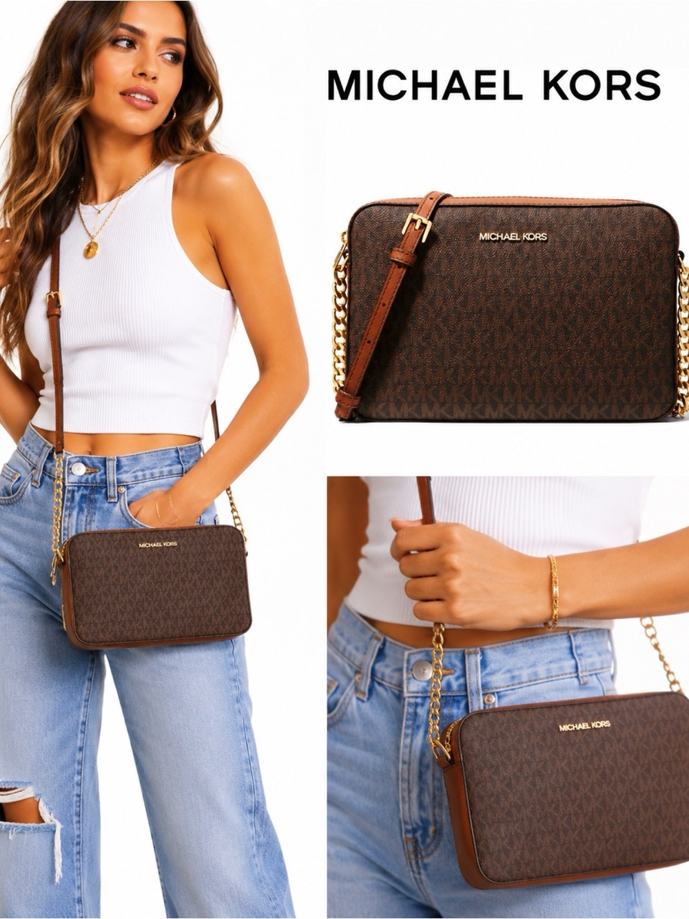 MICHAEL KORS Brown MK Logo Crossbody Bag